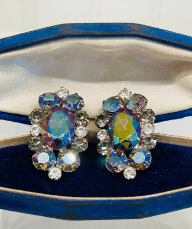 Large AB Rhinestone 1960s Silver Tone Clip Earrings Jewelry Bloomers and Frocks